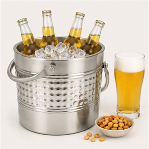 Seau à glace en acier inoxydable à double paroi avec couvercle et poignée, refroidisseur à vin et champagne en métal martelé pour bar - Product Image 4