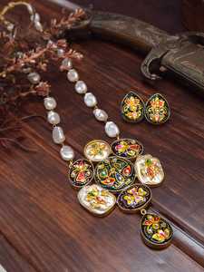Vintage Ethnic Flower Pattern Bezel Setting Necklace Earring Set Imitation Pearl Rhodium Plated Zinc Alloy Jewelry for Women - Product Image 1