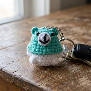 Handmade Crochet Mushroom Bear Keychain <b>Knitted</b> Mint Bear Amigurumi <b>Bag</b> Charm Backpack Pendant Pure Art Setup Handcrafted Gift - Product Image 6