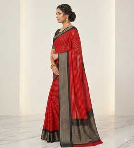 Sari de seda crepé rojo Mysore con borde de zari negro, traje tradicional indio para bodas, para mujer, modelo 52838 - Product Image 5