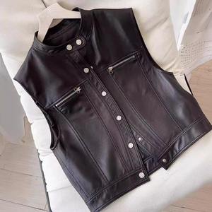 VIBE SEWN - Blusa sin mangas de cuero genuino y lona para mujer, estilo gótico, corte ajustado, cuello en V largo, doble botonadura - Product Image 2