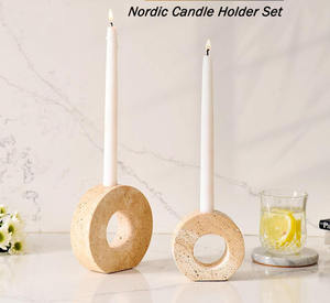 Ensemble de supports à bougies circulaires en pierre poreuse beige naturelle moderne pour la décoration de table et de centre de table - Product Image 3