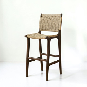 Tabouret de bar en teck massif avec assise et dossier en corde tressée à la main, style scandinave, côtier, bohème, pour îlot de cuisine, bar à domicile, restaurants, Jepara - Product Image 4