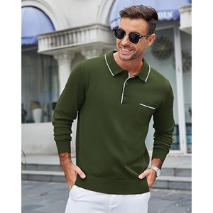 Suéter de punto con cuello y manga larga para hombre – Polo informal de negocios con bolsillo - Product Image 3