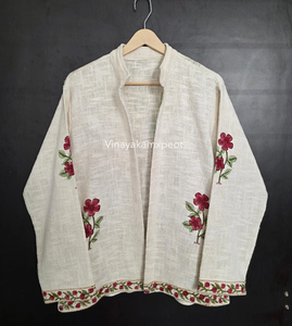 Veste matelassée en velours beige brodée à la main style bohème chic pour femme, élégante broderie florale en coton, manches longues, doublure en coton - Product Image 3