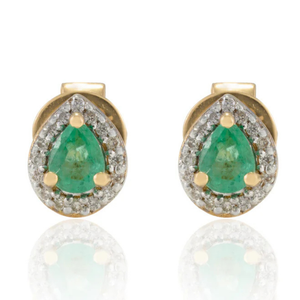 18K Gold Pear Cut <b>Emerald</b> Halo <b>Stud</b> <b>Earrings</b> with Diamond and Pearl Accents - Product Image 1