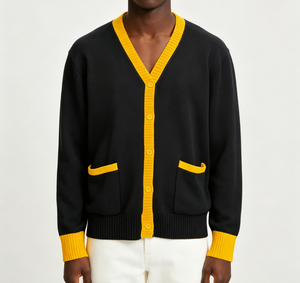 Suéter Cárdigan Universitario para Hombre y Mujer, Cárdigan Negro de Punto con Ribete Amarillo, Cierre de Botones, Manga Larga, Suéter de Otoño - Product Image 1