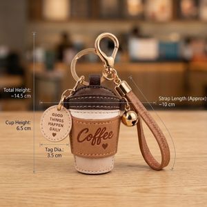 พวงกุญแจหนังเทียมเย็บลายถุงกาแฟ พร้อมคลิปโลหะทนทานสำหรับกุญแจรถและกระเป๋า - Product Image 2