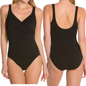 Women One Piece Swimsuit <b>V</b>-Neck Twist Front Solid Black High Cut Tummy Control Shapewear Swimwear - Product Image 6