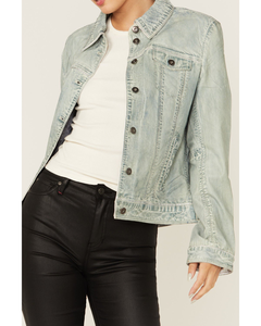 Veste en cuir de mouton pour femme, gris clair, aspect denim vintage, boutonnée, en cuir véritable, fabrication OEM USA - Product Image 3