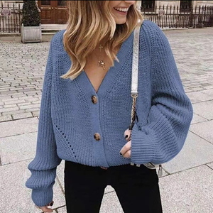 <b>Women</b> V Neck Knitted <b>Cardigan</b> Lantern Sleeve <b>Button</b> Closure Solid Color Casual Winter Sweater 100% Acrylic Full Sleeve - Product Image 6