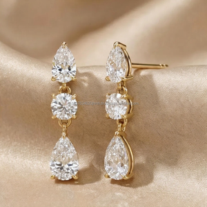 Pear and Round Cut Diamond Drop Earrings in Yellow Gold Sparkling Fine Jewelry Dangle Earrings Wedding Gift for <b>Wife</b> Girlfriend - Product Image 1