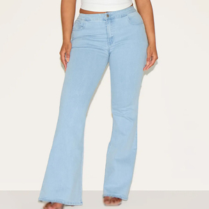 OEM <b>denim</b> pants women washed <b>denim</b> <b>stretch</b> jeans mid rise flare trousers casual daily wear export bulk - Product Image 3