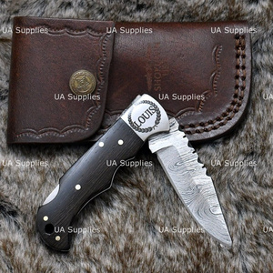 Custom Damascus Steel Folding Pocket Knife Dark African Wood Handle Back <b>Lock</b> EDC Camping Hunting Manufacturer Bulk Supply - Product Image 2