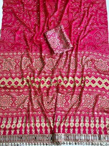 Sari de soirée brodé miroir en soie crêpe douce de qualité supérieure, motif Bandhani élégant avec miroirs fantaisie - Product Image 2