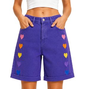 Royal Purple <b>Rainbow</b> Heart Embroidered Women Denim Shorts High Waist Casual Loose Fit Rolled Hem Cotton Summer Fashion Jeans - Product Image 1