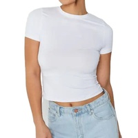 Camiseta Corta Blanca de Cuello Redondo para Mujer, Ajustada, de Color Sólido, Camisetas de Verano Informales de Algodón