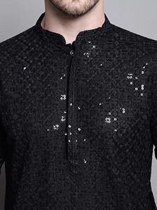 Salwar Kameez pour homme en coton violet, broderie géométrique modeste, col montant, manches longues, tenue ethnique quotidienne, coupe classique, toutes saisons - Product Image 4