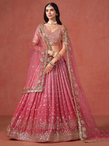 Pink Embroidered Organza Lehenga With <b>Sequined</b> Detailing V-Neck Short Sleeve Floor-Length Bridesmaid Dress A-Line Silhouette - Product Image 5