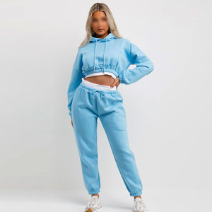Conjunto de Sudadera Corta Azul Claro para Mujer con Pantalones Jogger a Juego, Color Sólido, Manga Larga, Informal, Transpirable, Tejido de Felpa, 100% Felpa - Product Image 1