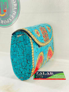 Ethnic <b>Gold</b>-Color Vintage Antique Metal Mosaic Bohemian Chains <b>Clutch</b> Sling <b>Bag</b> Handmade Polished Sculpture Chip Stone Purse - Product Image 2