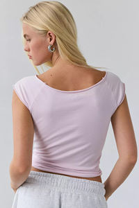 Camiseta corta rosa con cuello barco para mujer, 100% algodón, manga corta, estilo streetwear, corte ajustado, camiseta de moda para mujer, venta al por mayor, tops Y2K - Product Image 2