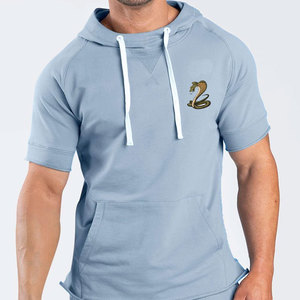 Conjunto de Sudadera con Capucha y Pantalones Cortos para Hombre, Color Azul Sólido, Estampado de Serpiente Bordada, Manga Corta, Casual, Transpirable, Invierno, Corte Regular, Estilo Urbano - Product Image 2