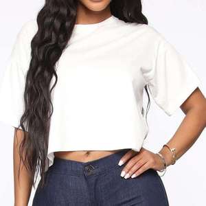 Women's Cropped T-Shirt Short Sleeve O-Neck Loose Fit Cotton Jersey Casual Solid Color Spring Summer <b>Top</b> - Product Image 6