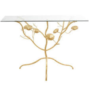 Base de diseño elegante y única, hecha de metal de primera calidad chapado en oro de alta calidad, con superficie de vidrio para mesa consola de lujo. - Product Image 1