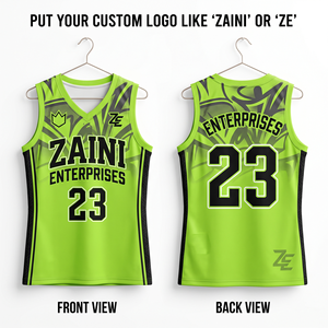 Maillot de basketball unisexe personnalisé 220g en polyester interlock premium vert fluo avec panneau latéral noir, impression par sublimation, tenue d'équipe à séchage rapide - Product Image 1