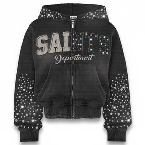 เสื้อฮู้ดซิปแบบสวมใส่สบาย น้ำหนักเบา ทรงหลวม คุณภาพพรีเมียม ราคาประหยัด ได้รับความนิยมจากลูกค้า สีแดงเลือดหมู ประดับด้วยคริสตัล - Product Image 2