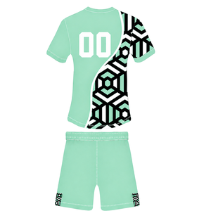 Conjunto de Camiseta y Pantalones Cortos de Rugby Geométricos en Verde Menta, Negro y Blanco, Manga Corta, Cuello Redondo, Personalizable, Transpirable, para Entrenamiento Deportivo en Equipo - Product Image 2