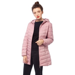 Pink Hooded Puffer <b>Jacket</b> <b>Long</b> Length Zipper Closure Windproof Casual Winter Wear Solid Color Eco-friendly Unisex Finished Front - Product Image 3