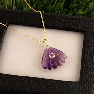 Unique Carving Amethyst Shell Pendant Necklace Brass 18K Gold Plated Chain Purple Cubic Zirconia Bezel Set Charm Women's - Product Image 5