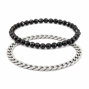 Stacking Crystal <b>Beaded</b> <b>Bracelet</b> Set with Clear Quartz 8mm and Silver Tone Bangle for Women's Everyday Wear Layered Style - Product Image 2