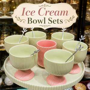 Ensemble de bols à glace côtelés en céramique pastel avec cuillères décoratives et plateau de service – Service à dessert haut de gamme - Product Image 3