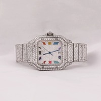 Montre de luxe pour femme à quartz, en acier inoxydable, cadran carré 41 mm, lunette en moissanite, cadran analogique, verre saphir, fermoir à boucle, 10 bars