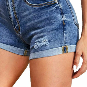 Shorts de Mezclilla Lavada de Cintura Alta, Corte Ajustado, Transpirables, Color Azul Claro, con Dobladillo Deshilachado y Detalles Rotos, Estilo Casual de Verano, Unisex, Tejido de Sarga - Product Image 4