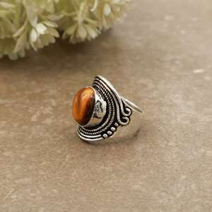 Vintage Natural <b>Tiger</b> <b>Eye</b> Bezel Set Statement <b>Ring</b> 925 Silver Plated Adjustable Band Antique Boho Ethnic Handmade Daily Wear - Product Image 2