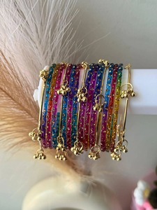 <b>Magenta</b> glass Bangles Set With Gold Plated Beads Women's Stackable Ethnic Wedding Jewelry - Product Image 6