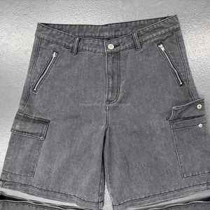Pantalon cargo en jean délavé taille haute pour homme, coupe ample, jambe large, avec poches zippées, style utilitaire, en coton pour l'automne - Product Image 3