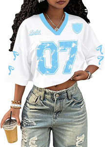 Ballet Football Women's Navy Blue <b>Mesh</b> <b>Crop</b> <b>Top</b> V-Neck Short Sleeve 07 Number Print Sporty Style Spring Summer - Product Image 6