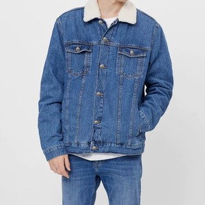 <b>Men's</b> Blue Classic Fit Denim <b>Jacket</b> with <b>White</b> Sherpa Collar Button Up Trucker Style Jean <b>Jacket</b> OEM Wholesale Factory Supply - Product Image 2