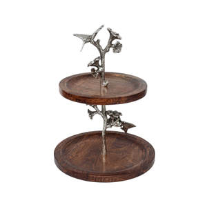 Modern Gold Tone Golden Vine Design 2-Tier Acacia Wood Cake Stand Elegant Handmade Wooden Serving Tray For Wedding Birthday - Product Image 3