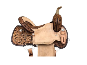 Selle de barrel western en cuir DD pour chevaux de course, marron et noir, avec motif floral peint, ensemble de sellerie en cuir brut - Product Image 3