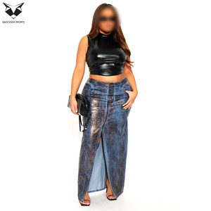 Jupes et pantalons en similicuir bleu texturé tendance – Jupe longue moulante à taille haute avec fente avant, style clubwear pour femme - Product Image 4