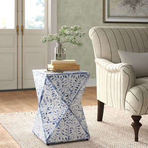 Taburete lateral de madera moderno hecho a mano, mesa con incrustaciones de hueso, diseño en zigzag para entrada, sala de estar, oficina, escuela, consola, tambor - Product Image 6