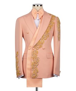 Men’s Peach Double Breasted Embroidered Tuxedo Suit – Crystal Designer Wedding <b>Blazer</b> for Groom, Prom & Luxury Party Wear - Product Image 1