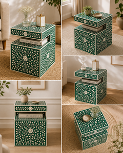 Stylish Resin Bone Inlay Nightstand With Shelf Luxurious End <b>Table</b> Floral Design Modern Side <b>Table</b> Premium Accent Cabinet - Product Image 2