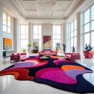 Tapis d'appoint abstrait multicolore en laine tuftée à la main, tapis de salon moderne de luxe avec envers antidérapant à poils fins - Product Image 1